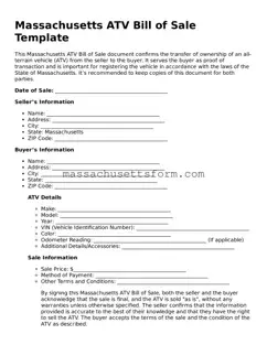 Printable  ATV Bill of Sale Document for Massachusetts