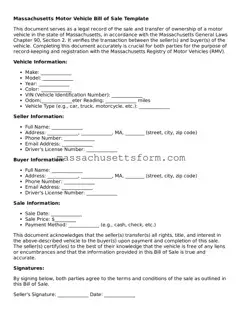 Printable  Motor Vehicle Bill of Sale Document for Massachusetts