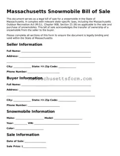 Printable  Snowmobile Bill of Sale Document for Massachusetts