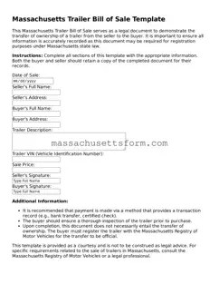 Printable  Trailer Bill of Sale Document for Massachusetts