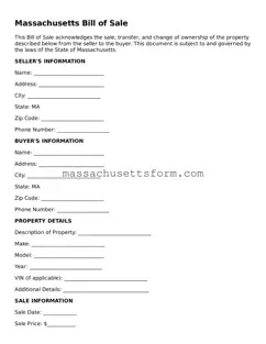 Printable  Bill of Sale Document for Massachusetts
