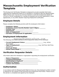 Printable  Employment Verification Document for Massachusetts