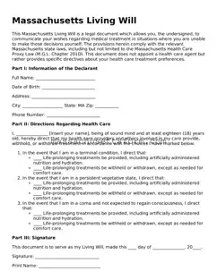 Printable  Living Will Document for Massachusetts