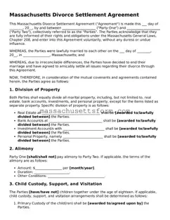 Printable  Divorce Settlement Agreement Document for Massachusetts