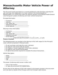 Printable  Motor Vehicle Power of Attorney Document for Massachusetts