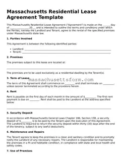 Printable  Residential Lease Agreement Document for Massachusetts