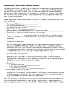 Printable  Self-Proving Affidavit Document for Massachusetts